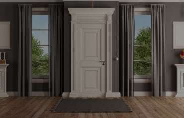 White and gray home entrance of a classic villa with closed front door and two windows - 3d rendering